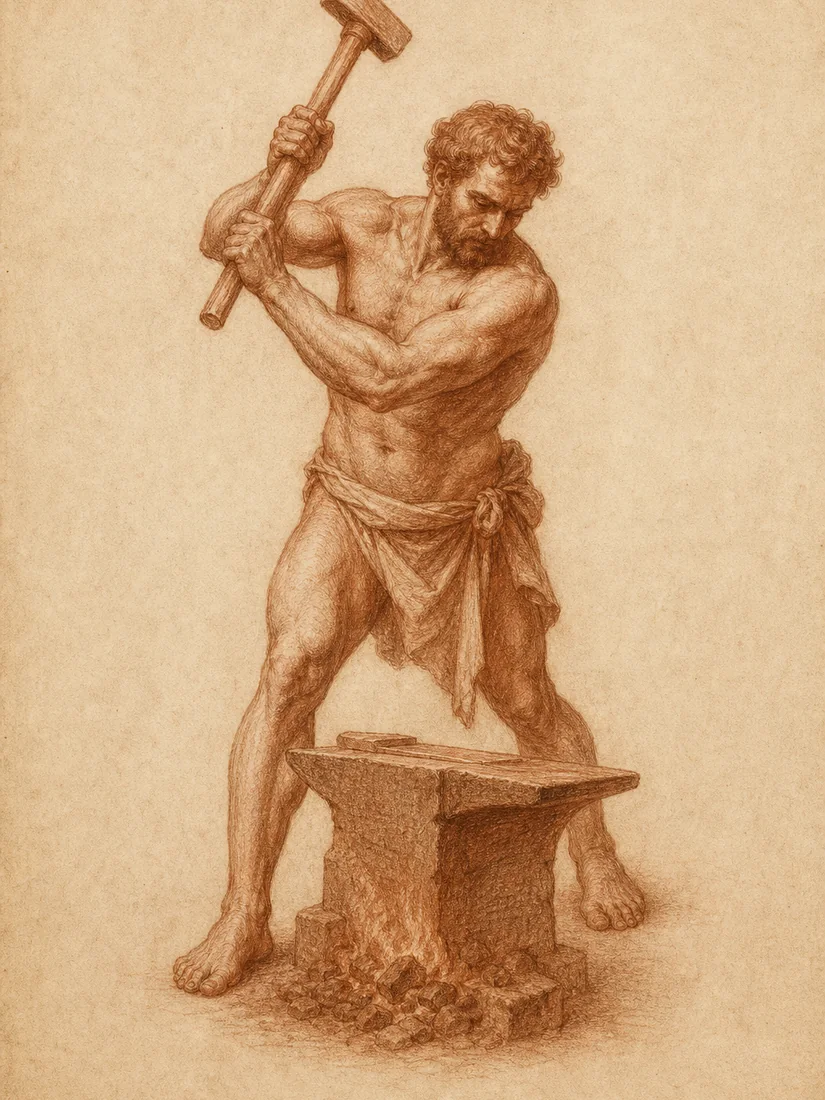 Red chalk study of a smith at the anvil, hammer raised mid-swing