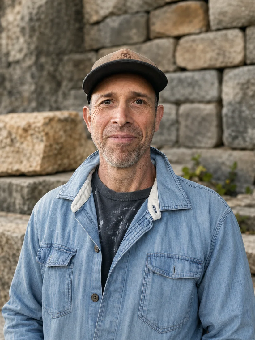 Nathan Fischer in a work jacket and cap, standing in front of a dry-stone wall