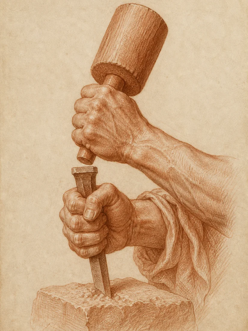 Red chalk study of two hands working a block with mallet and chisel